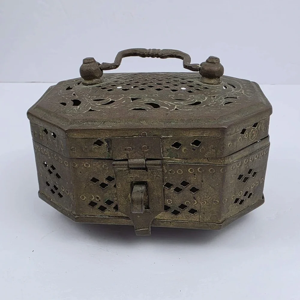 Antique Brass Cricket Box Octagon Ornate Pierced Metal Trinket Case